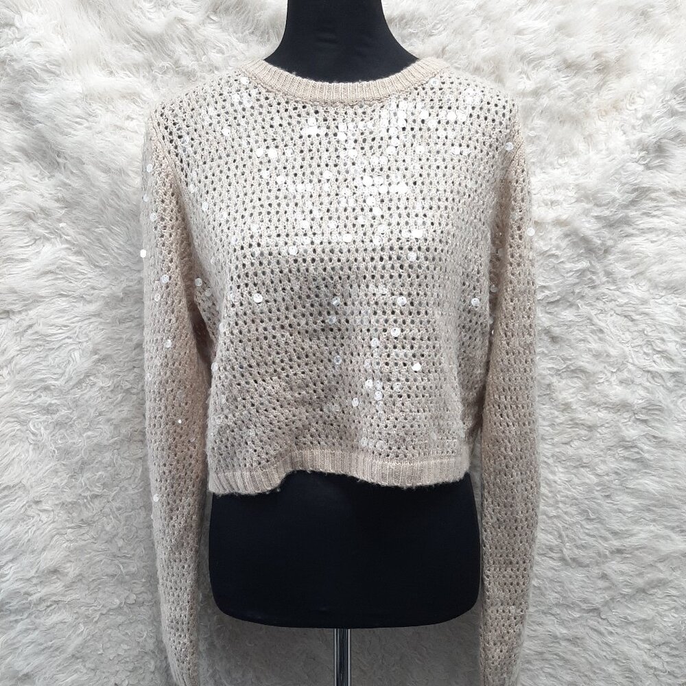 Bailey/44 Women's Wool Blend Beige Sequin Knit Pullover Sweatshirt Size L